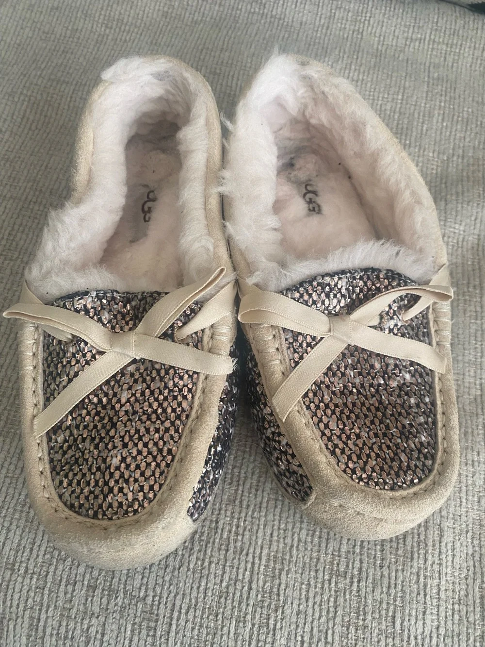 UGG  Sequin Moccasin Slippers in Gold and Cream